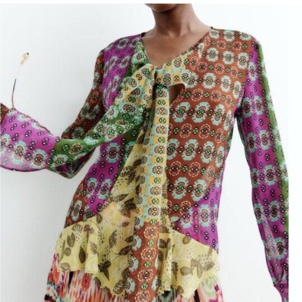 Zara zodiac printed tie neck blouse